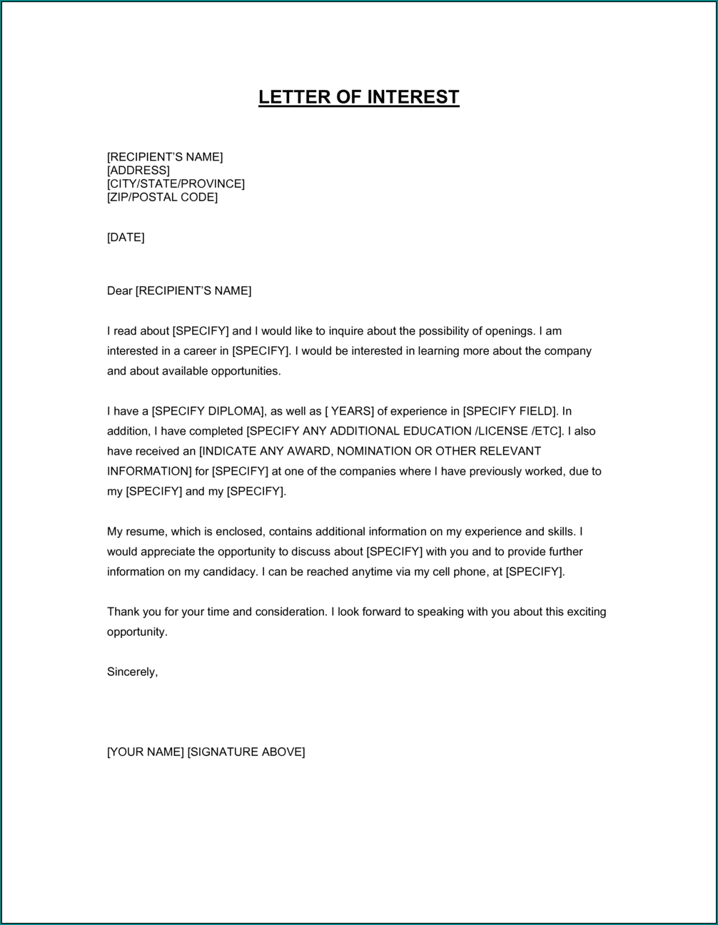 Sample of Letter Of Interest Template
