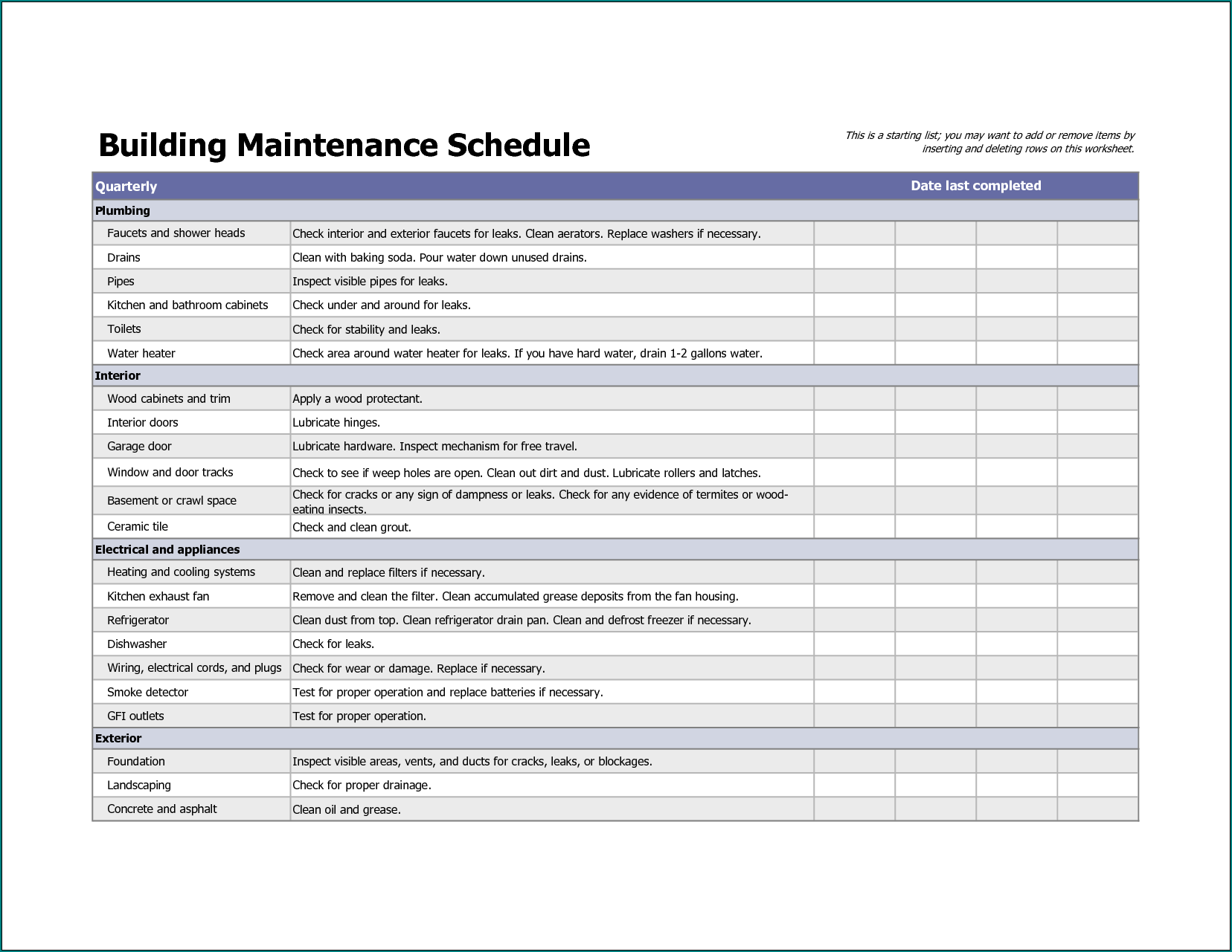 Sample of Maintenance Schedule Template