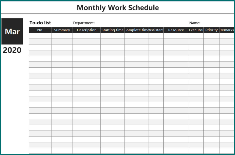Sample of Monthly Employee Schedule Template