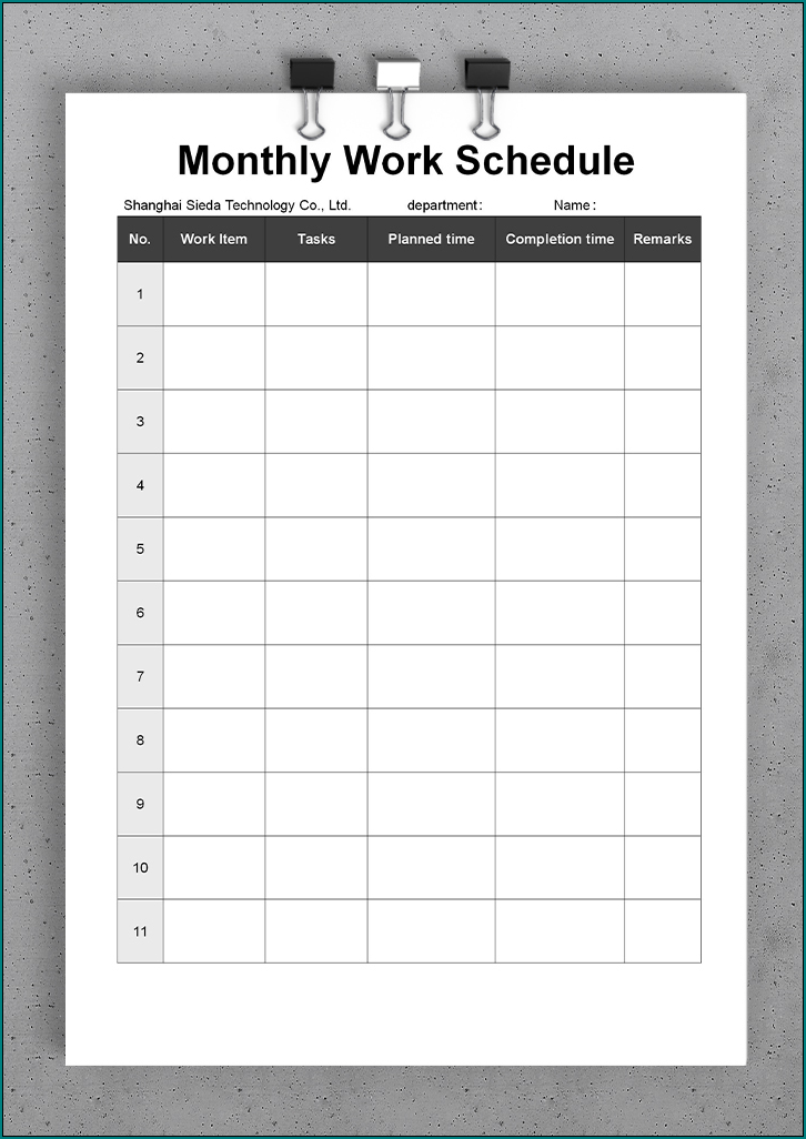 Sample of Monthly Work Schedule Template