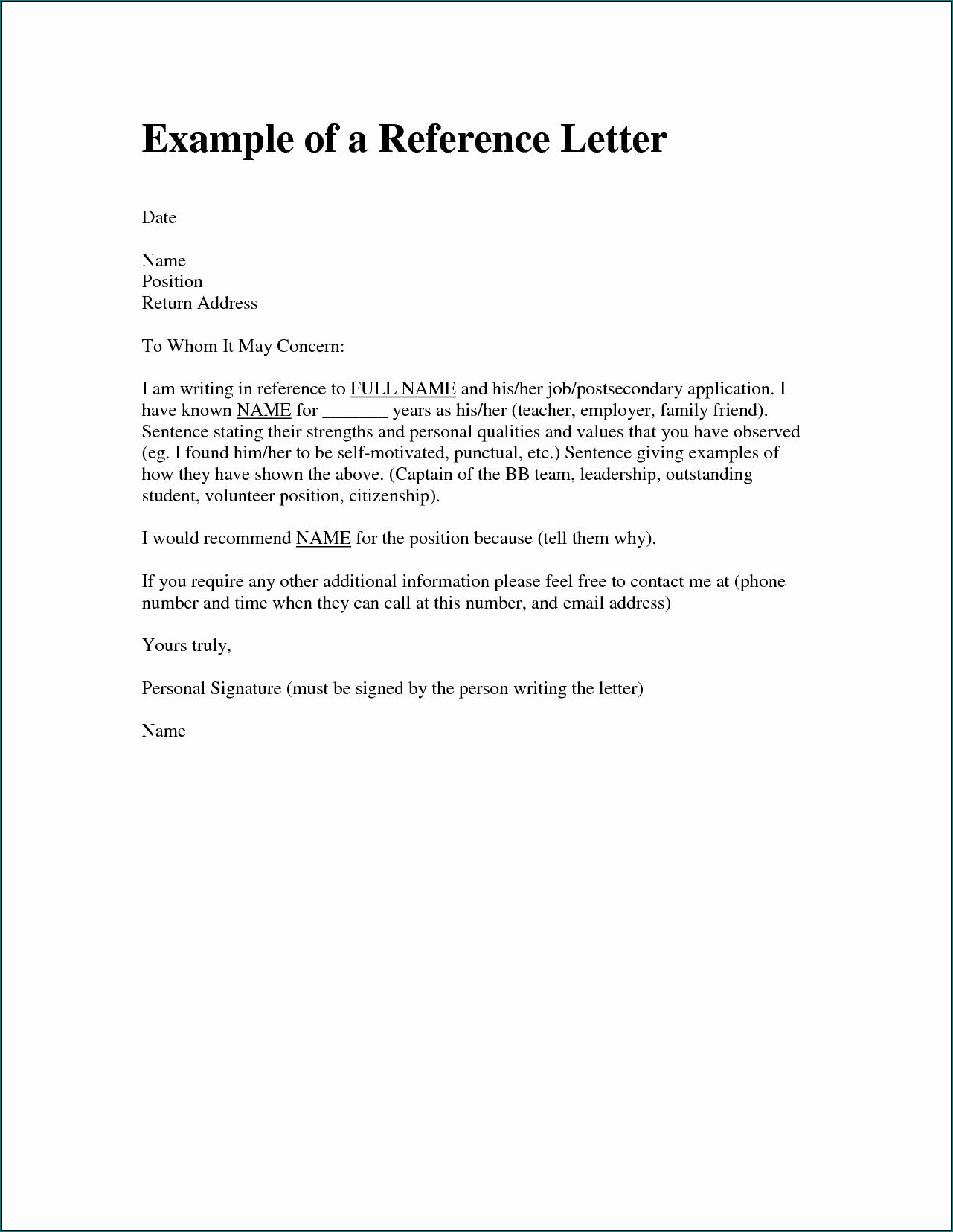 Sample of Personal Reference Letter Template