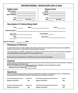 Sample of Printable RV Bill of Sale Form