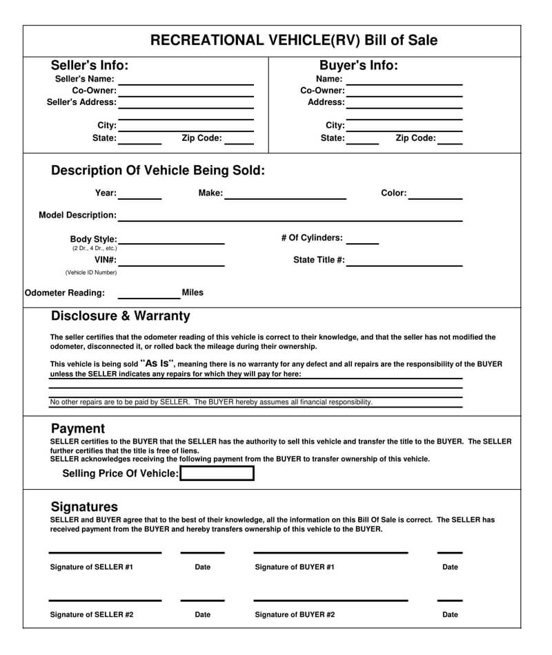 Sample of Printable RV Bill of Sale Form Sample of Printable RV Bill of Sale Form