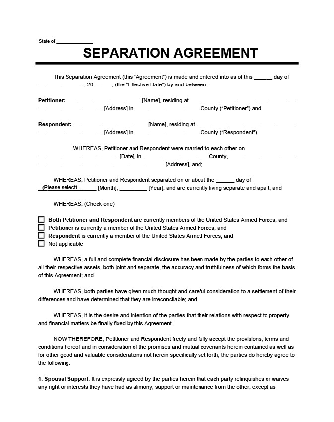 Sample of Printable Separation Agreement Template Sample of Printable Separation Agreement Template