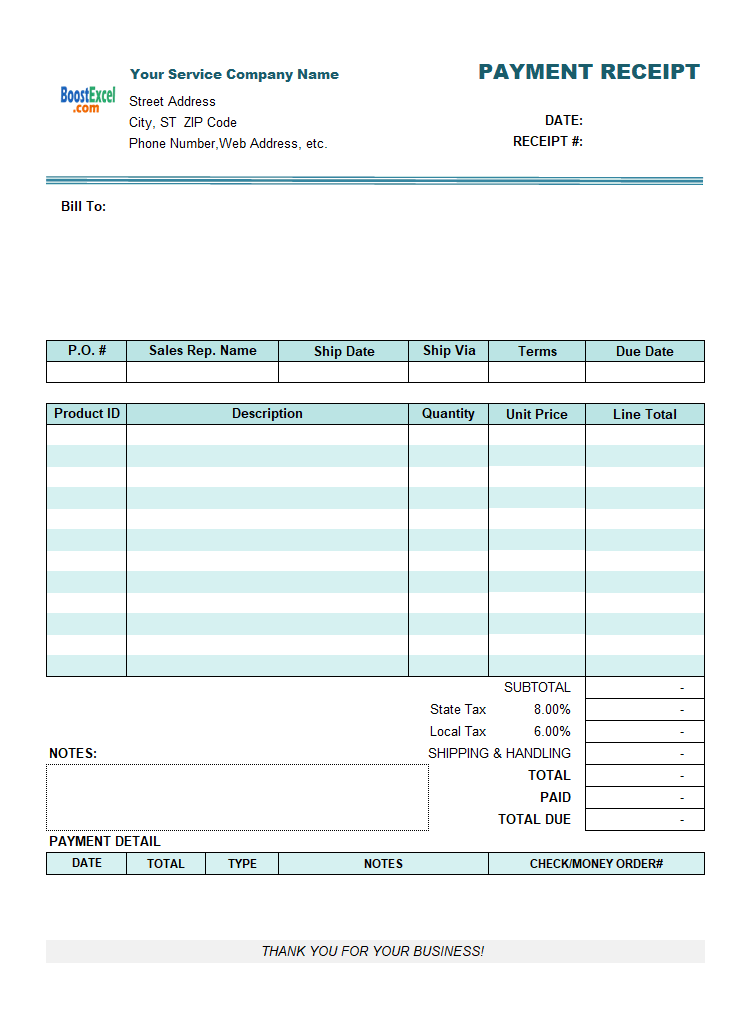 Sample of Printable Service Receipt Template Sample of Printable Service Receipt Template