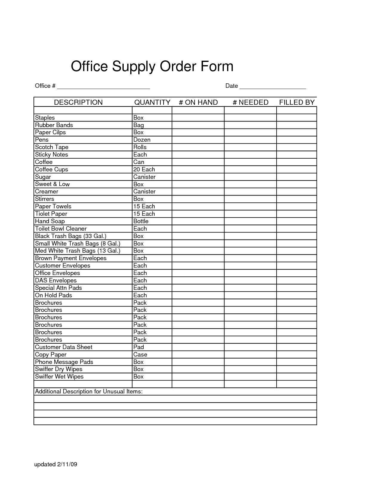 Sample of Printable Supply Order Sheet Template Sample of Printable Supply Order Sheet Template
