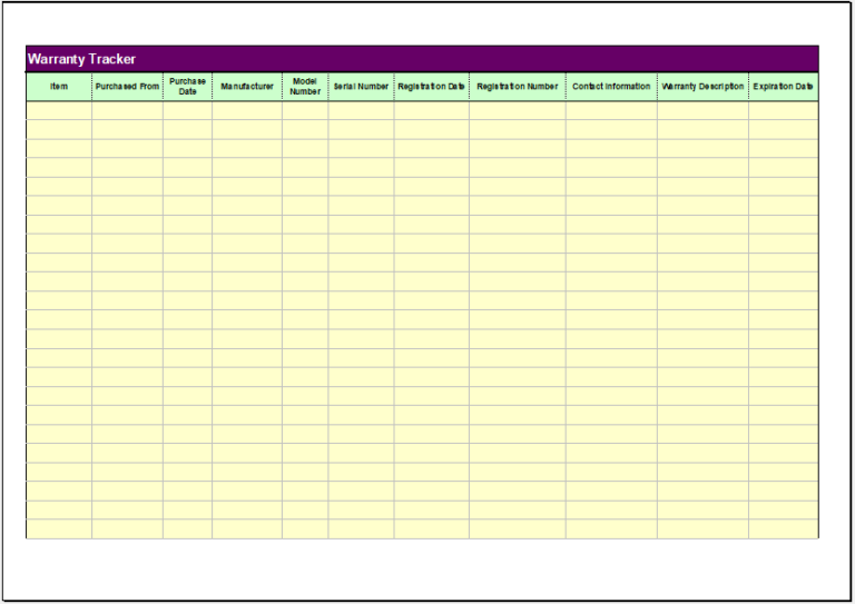 Sample of Printable Warranty Tracker Template Sample of Printable Warranty Tracker Template