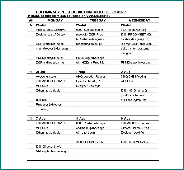 Sample of Production Schedule Template