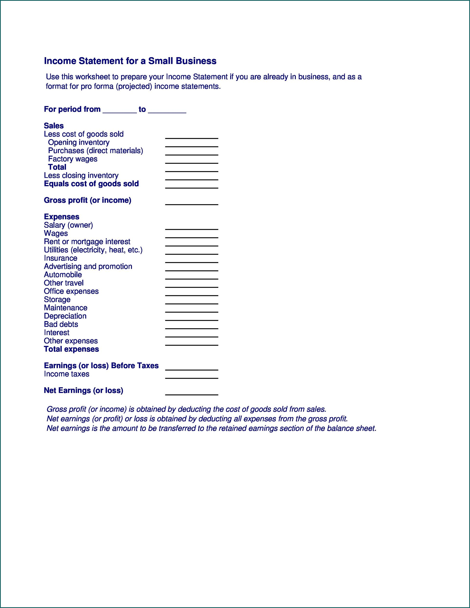 Sample of Profit And Loss Statement For Small Business