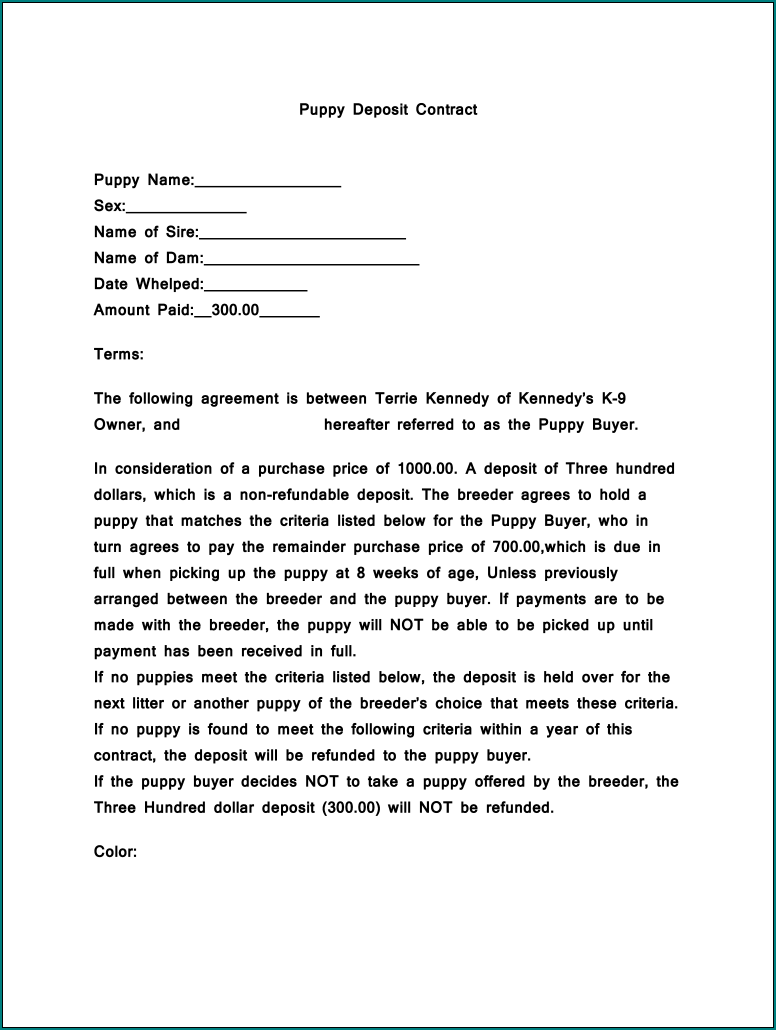 Sample of Puppy Deposit Receipt Template
