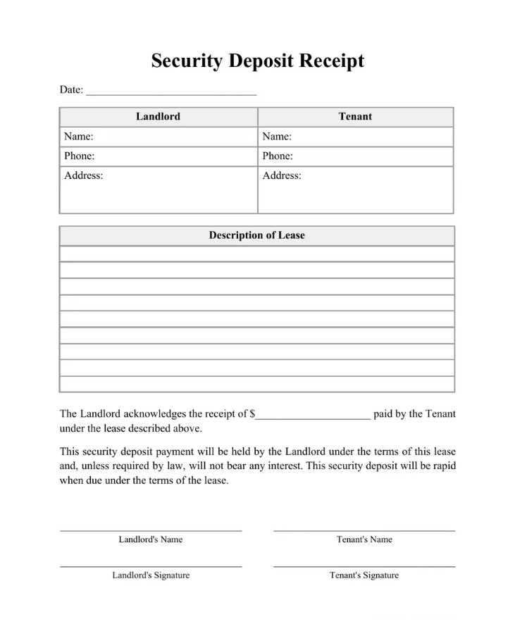 Sample of Security Deposit Receipt Template