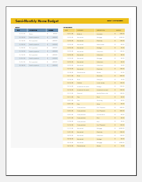 Sample of Semi monthly Home Budget Sheet Template Sample of Semi monthly Home Budget Sheet Template