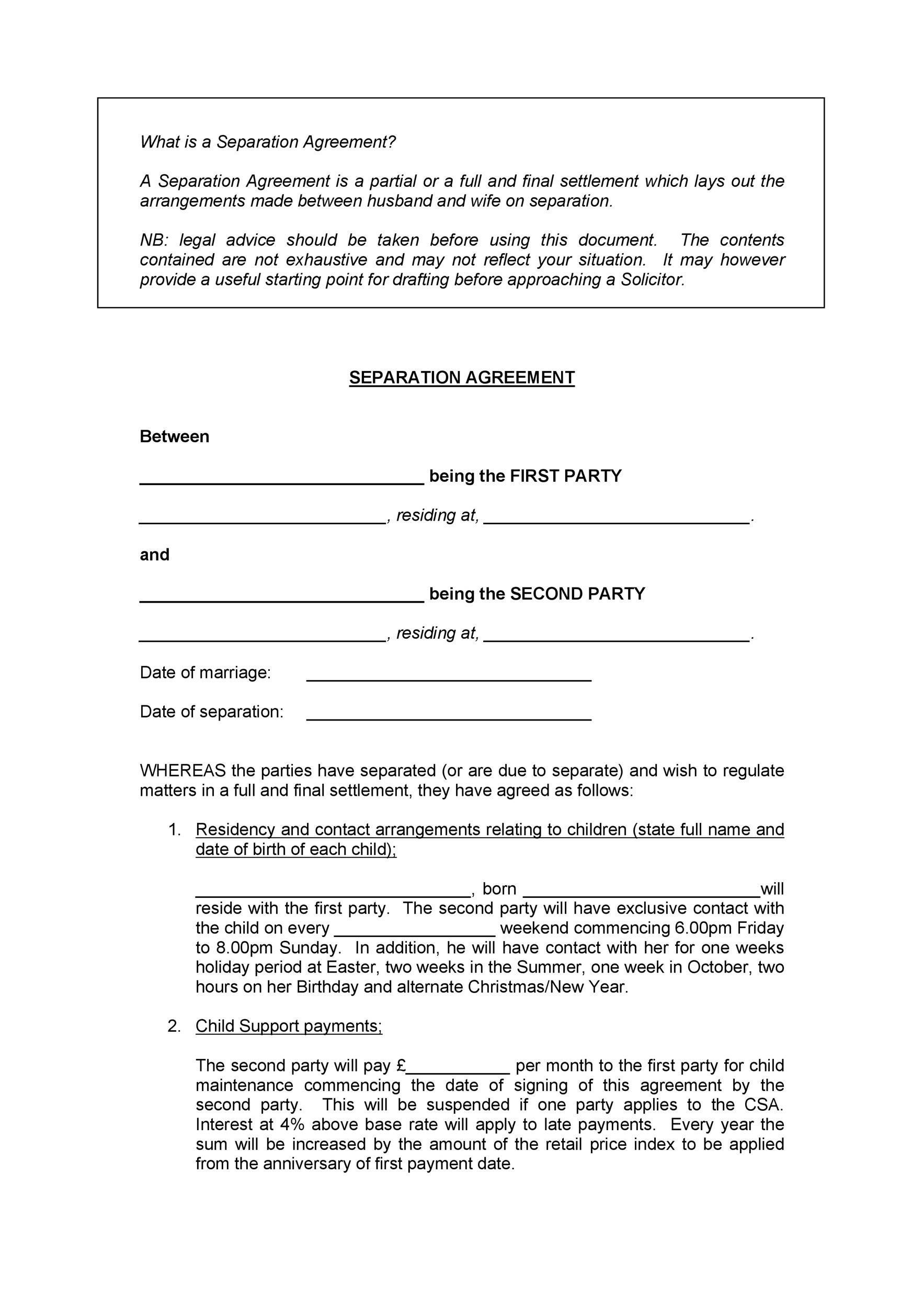 Sample of Separation Agreement Template Sample of Separation Agreement Template