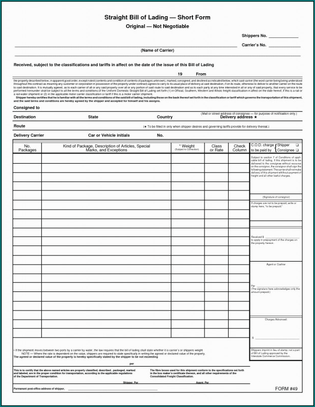 Sample of Short Form Bill Of Lading