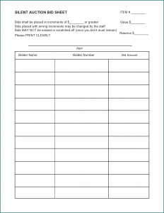 Sample of Silent Auction Bid Sheet Template