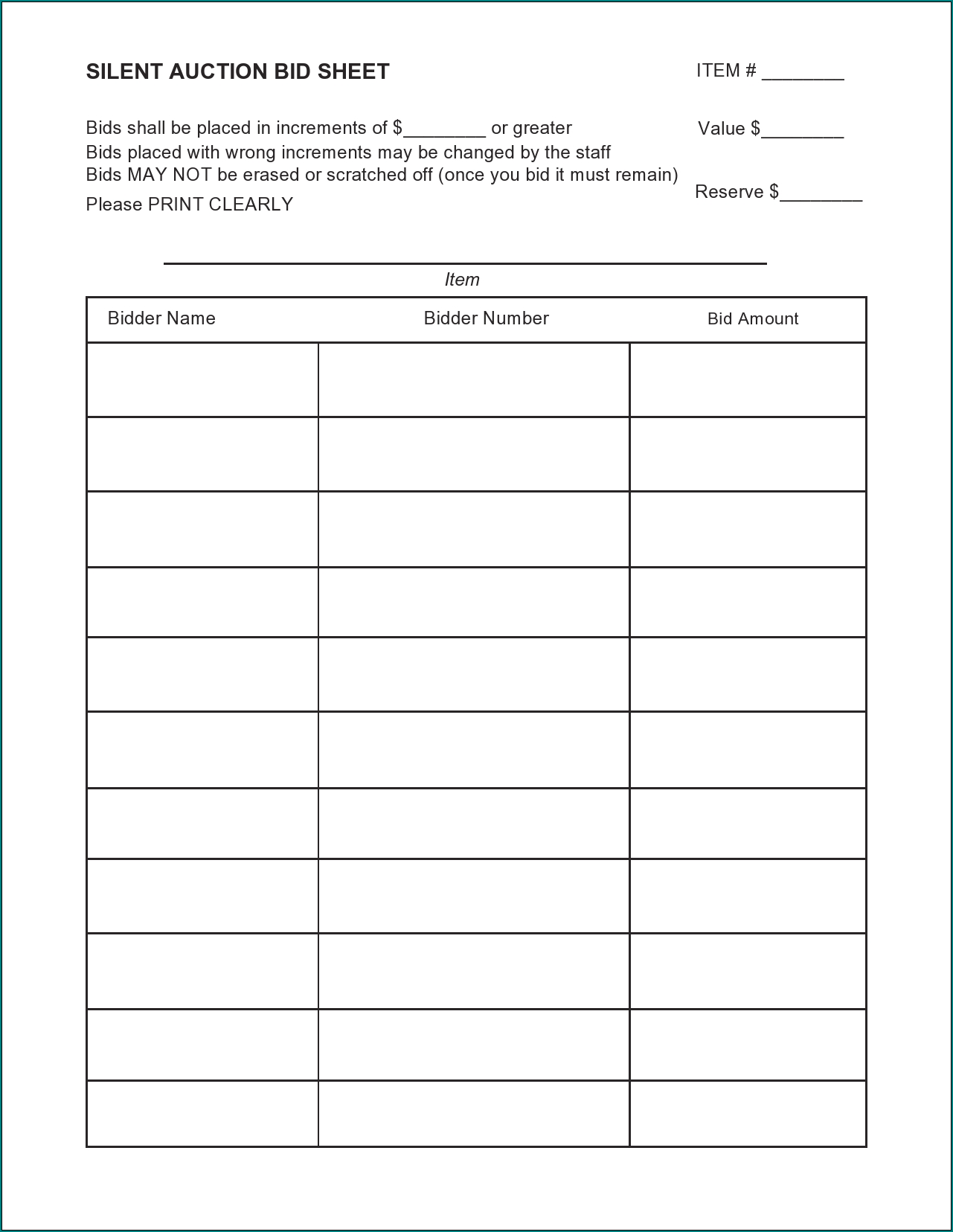 Sample of Silent Auction Bid Sheet Template
