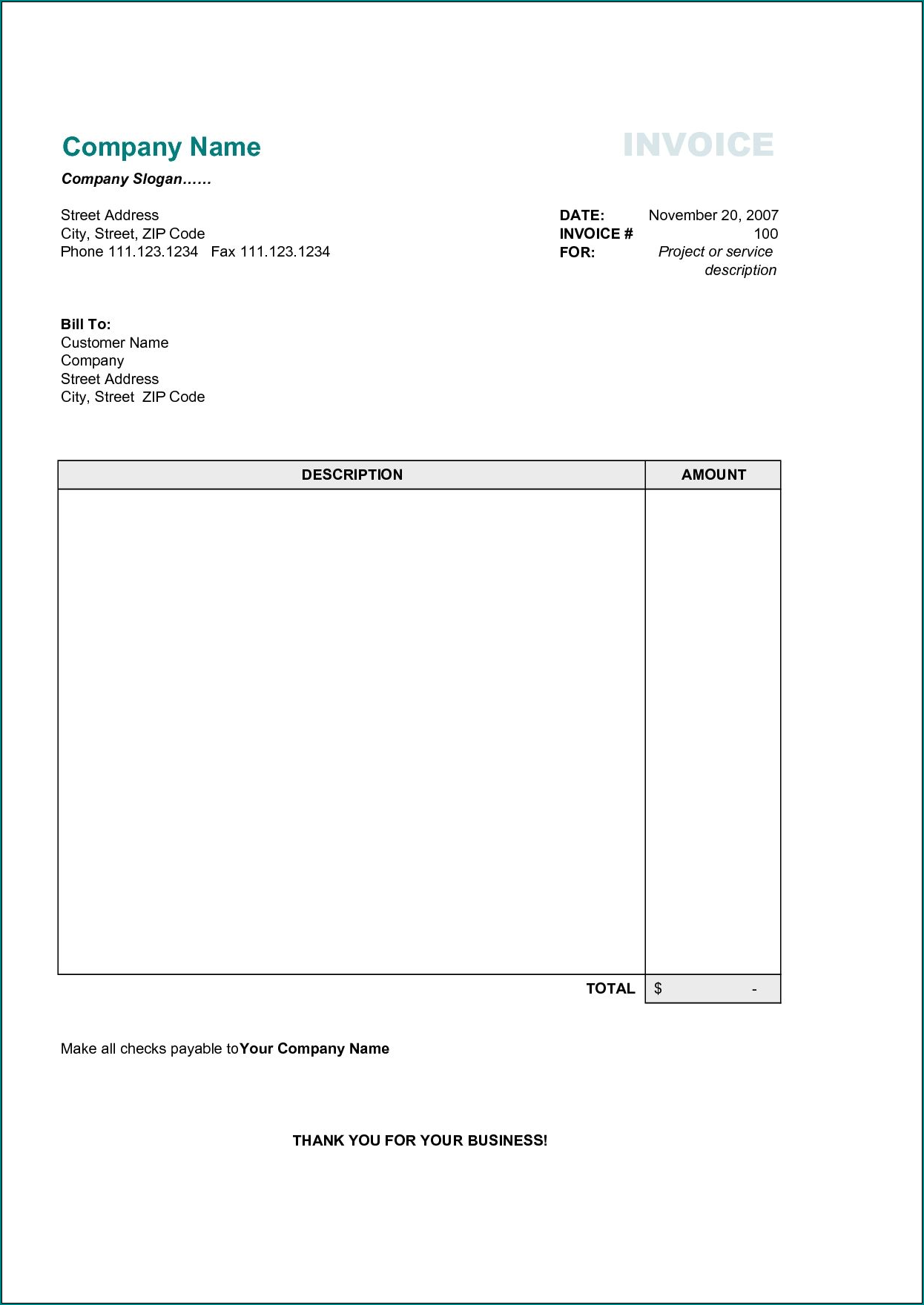 Sample of Simple Invoice Template Word