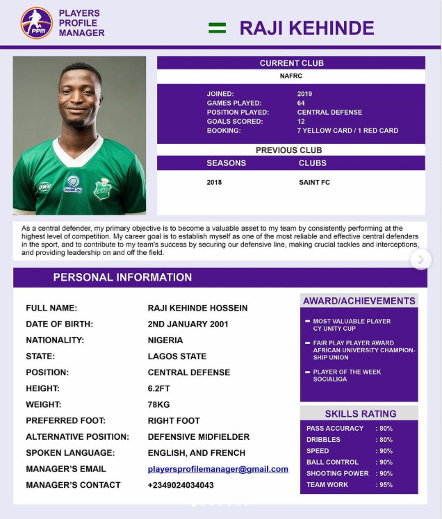 Sample of Soccer Player Profile Template