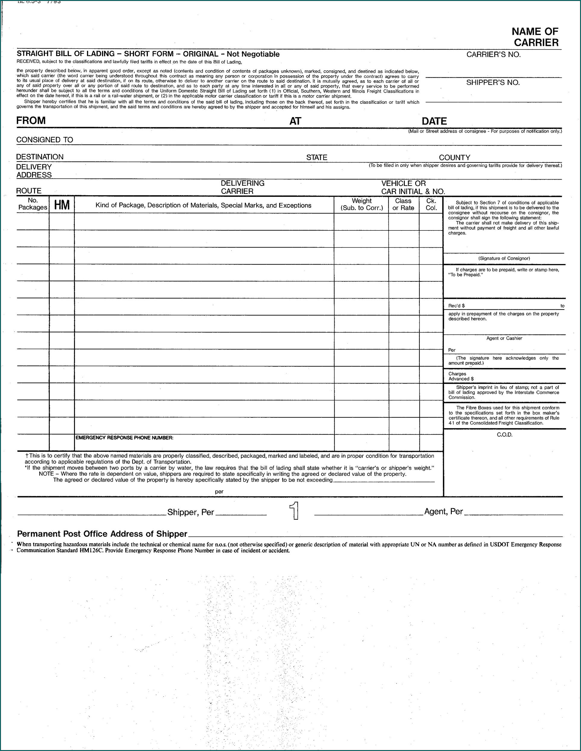 Sample of Straight Bill Of Lading Short Form