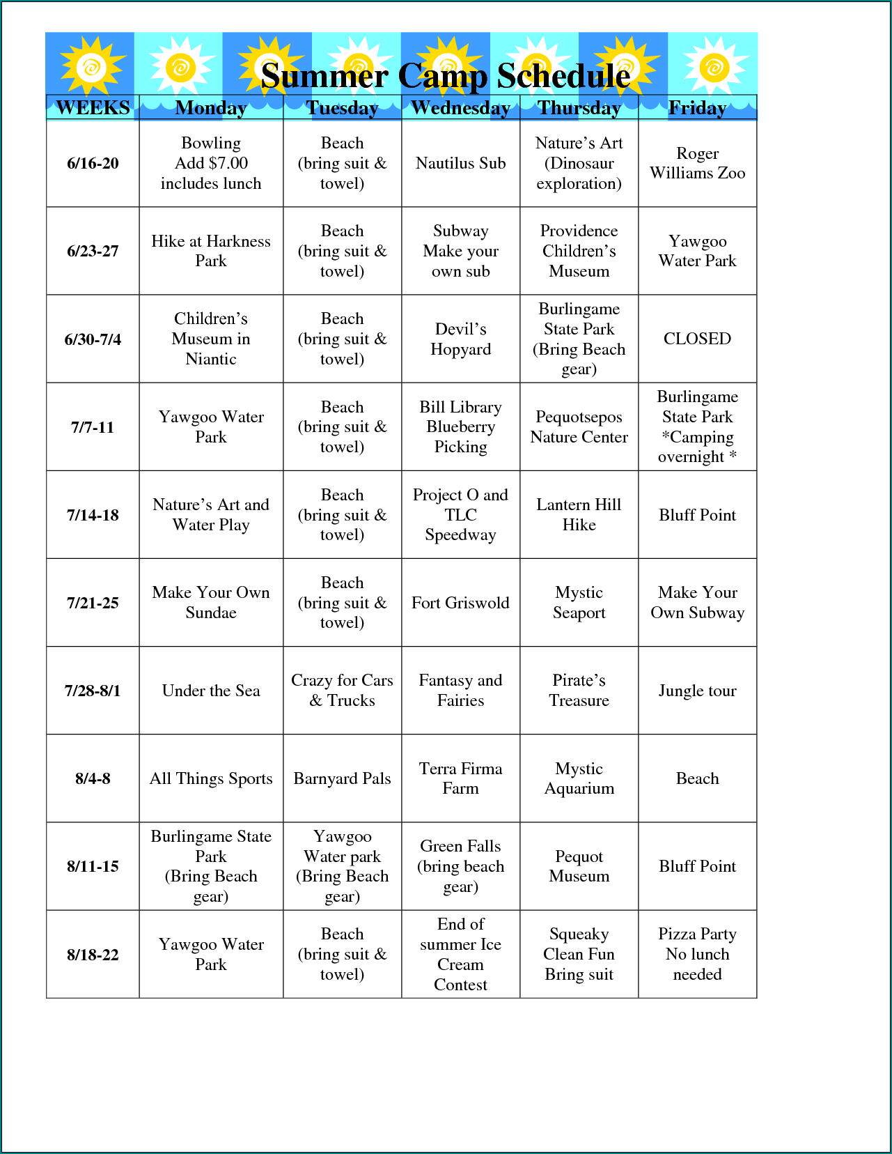 Sample of Summer Daily Schedule Template