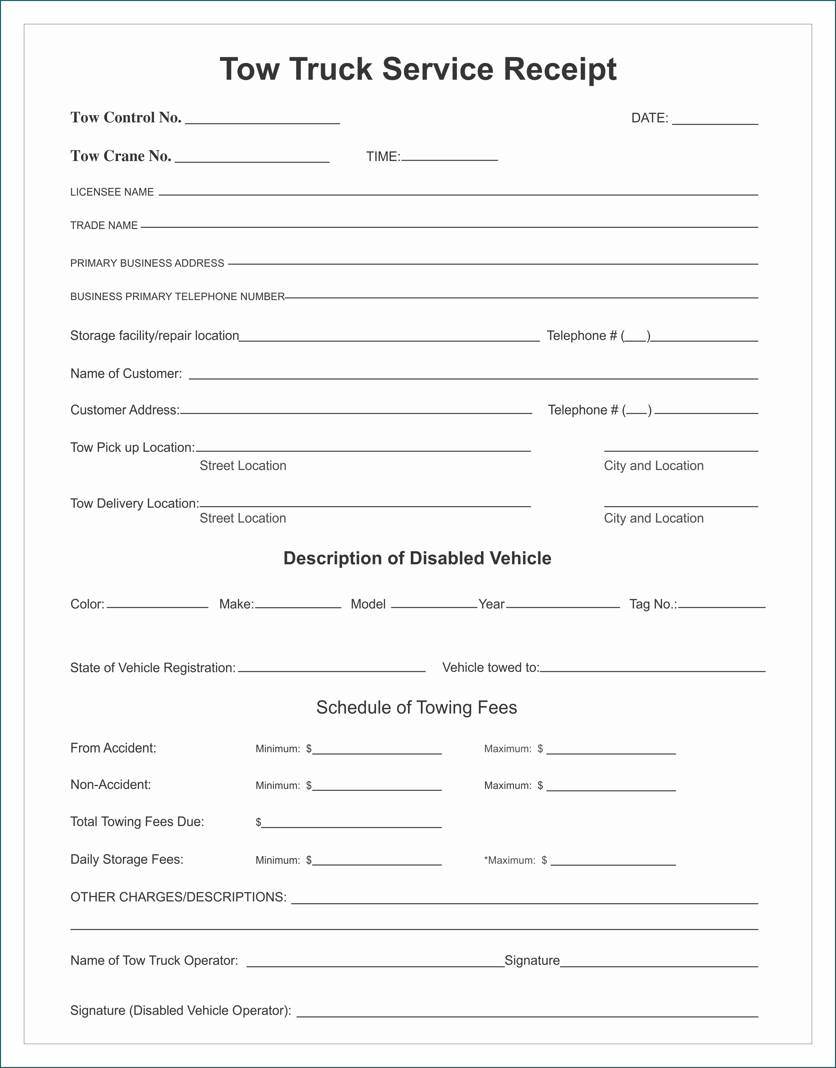 Sample of Towing Receipt Template