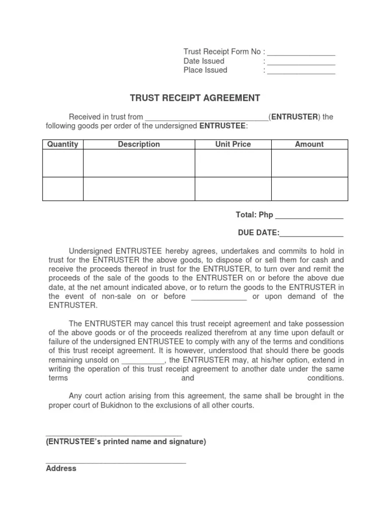 Sample of Trust Receipt Template Sample of Trust Receipt Template