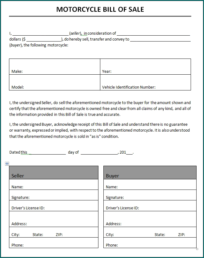Sample of Vehicle Bill Of Sale Template Word