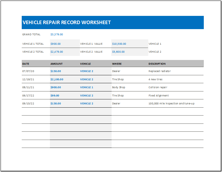 Sample of Vehicle Repair Record Worksheet Template Sample of Vehicle Repair Record Worksheet Template