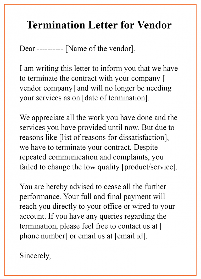 Sample of Vendor Termination Letter Template Sample of Vendor Termination Letter Template