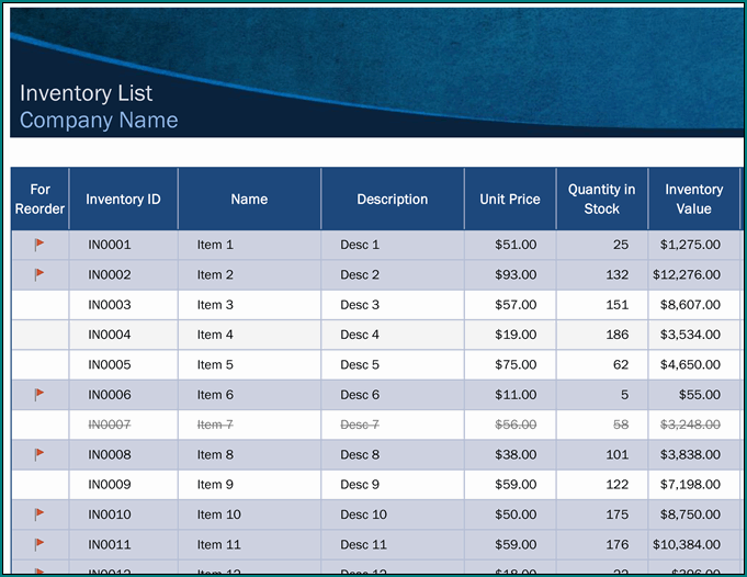 Sample of Warehouse Inventory List Template
