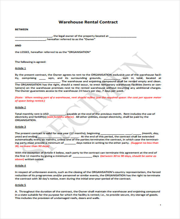 Sample of Warehouse Lease Agreement Template Sample of Warehouse Lease Agreement Template