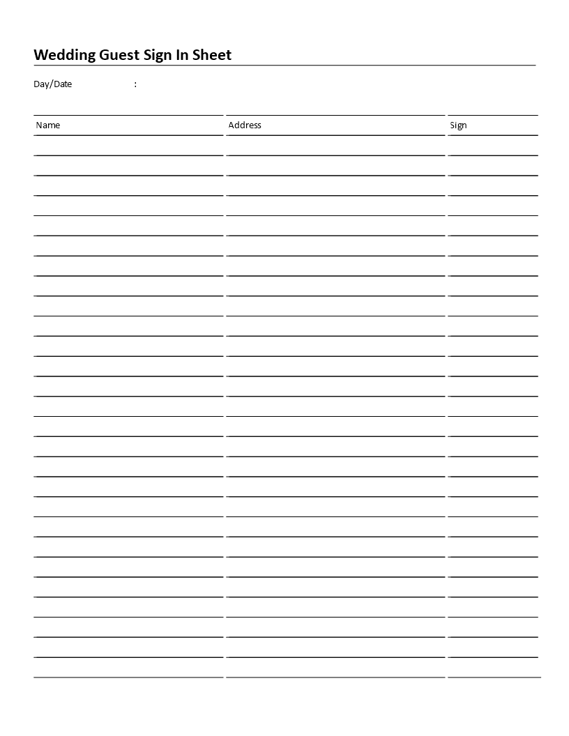 Sample of Wedding Guest Sign in Sheet Template Sample of Wedding Guest Sign in Sheet Template