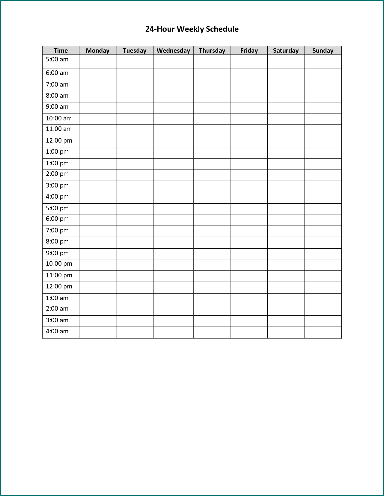 Sample of Week Schedule Template