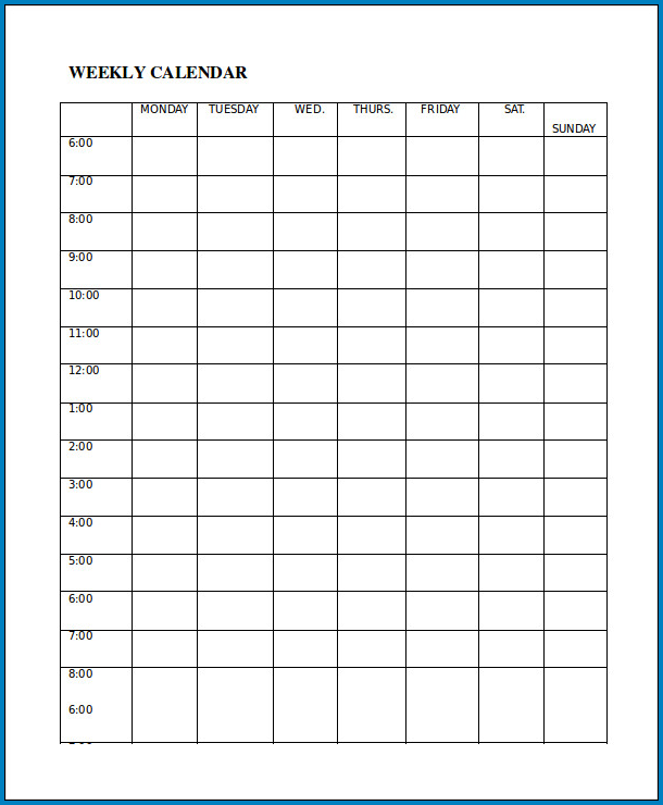 Sample of Weekly Calendar Template Sample of Weekly Calendar Template