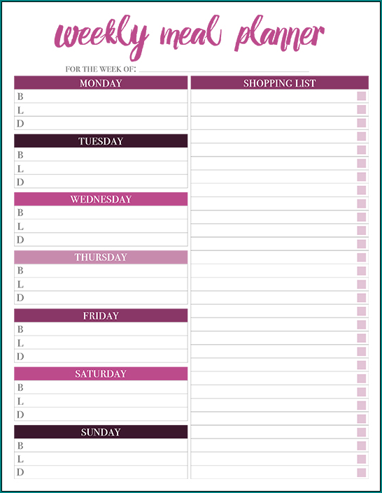 Sample of Weekly Menu Planner Template