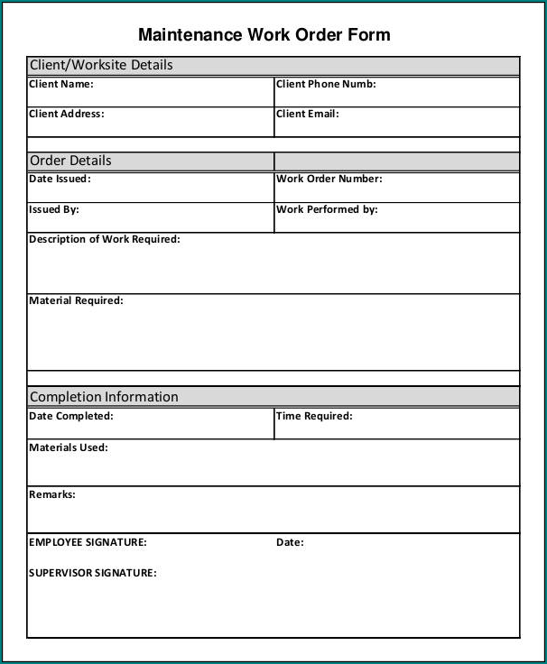 Sample of Work Order Form Template