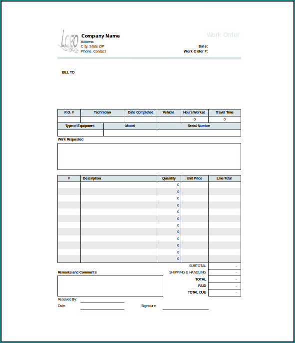 Sample of Work Order Template Excel