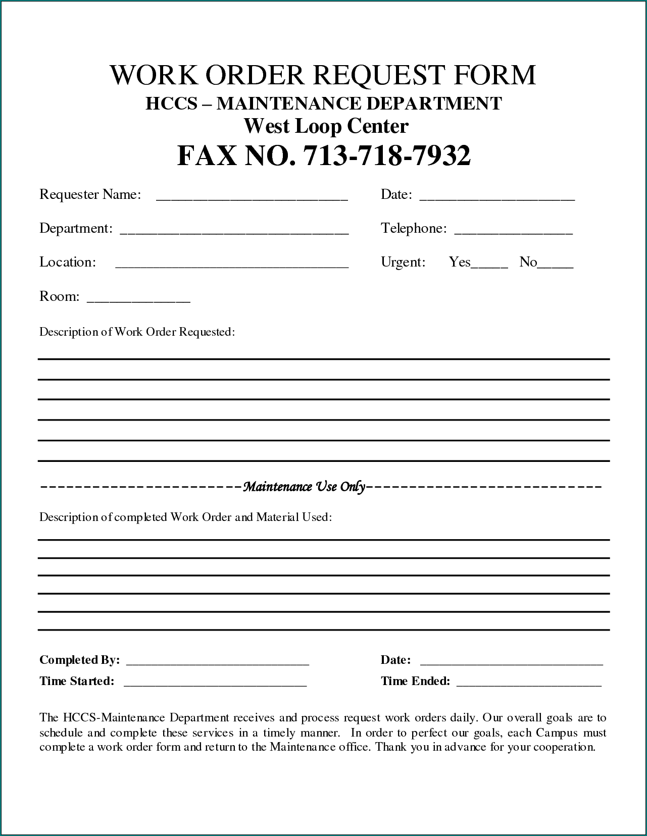 Sample of Work Order Template Word