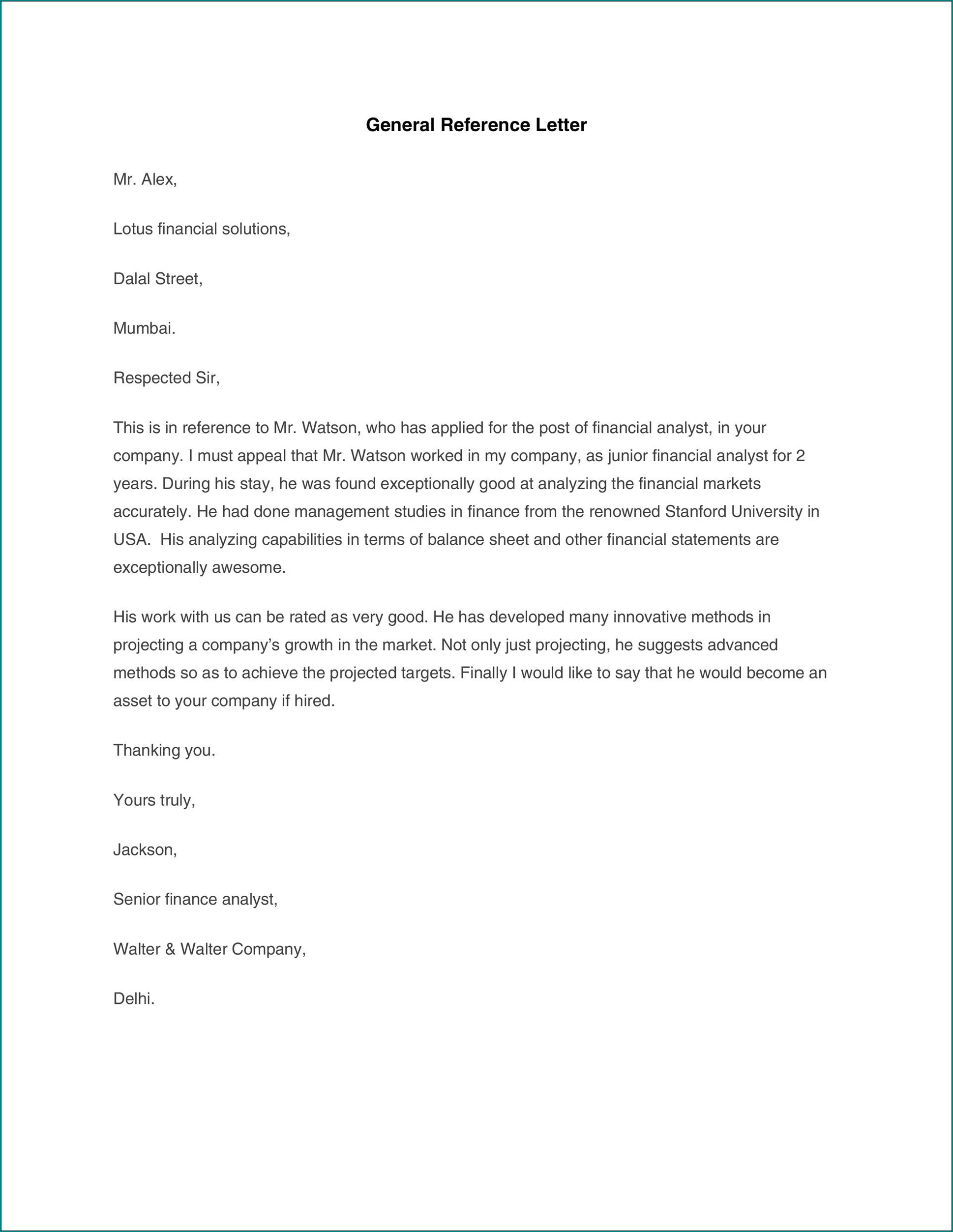 Sample of Work Reference Letter