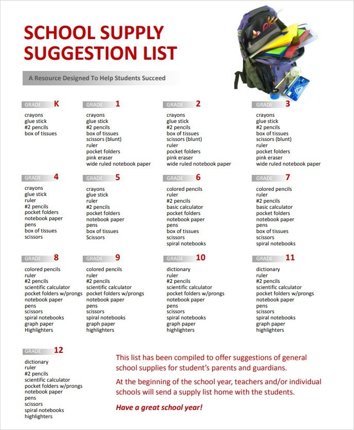 School Supply Suggestion List Template School Supply Suggestion List Template
