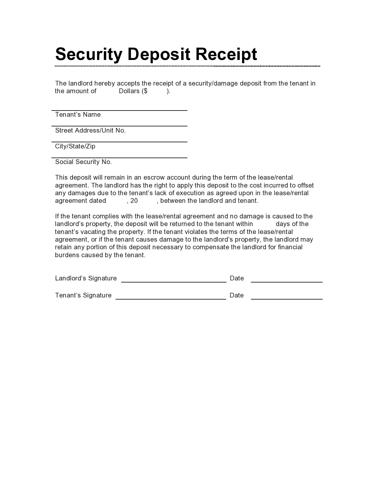 Security Deposit Receipt Template Example Security Deposit Receipt Template Example