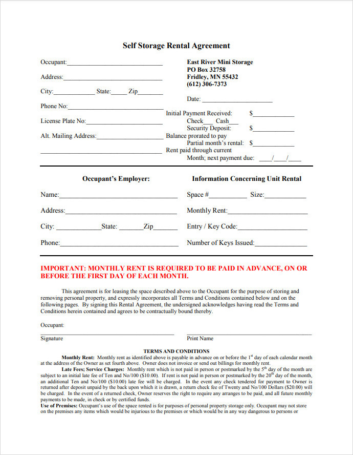 Self Storage Rental Agreement Template Self Storage Rental Agreement Template