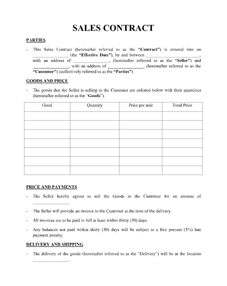 Selling Contract Template Sample