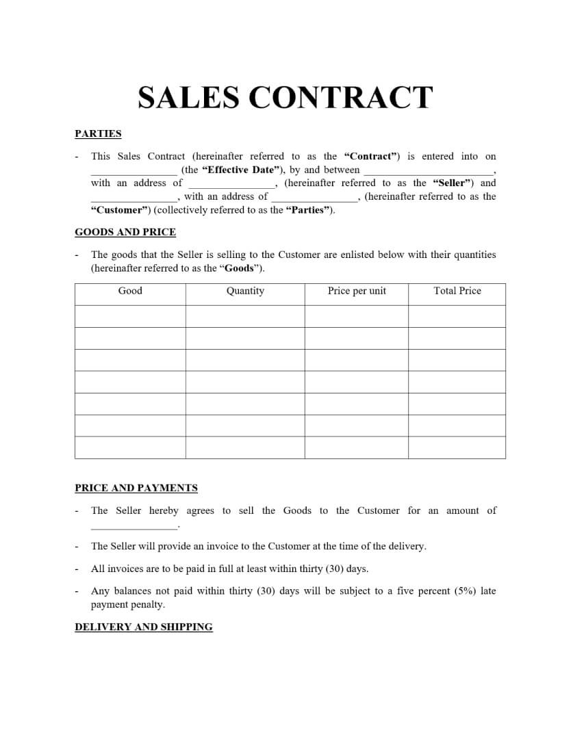 Selling Contract Template Selling Contract Template
