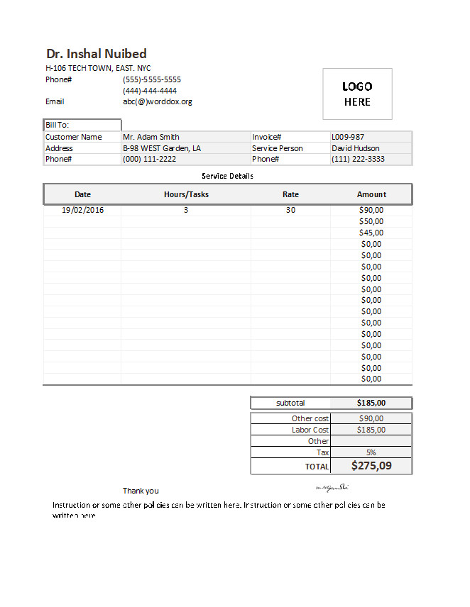 Service Receipt Template