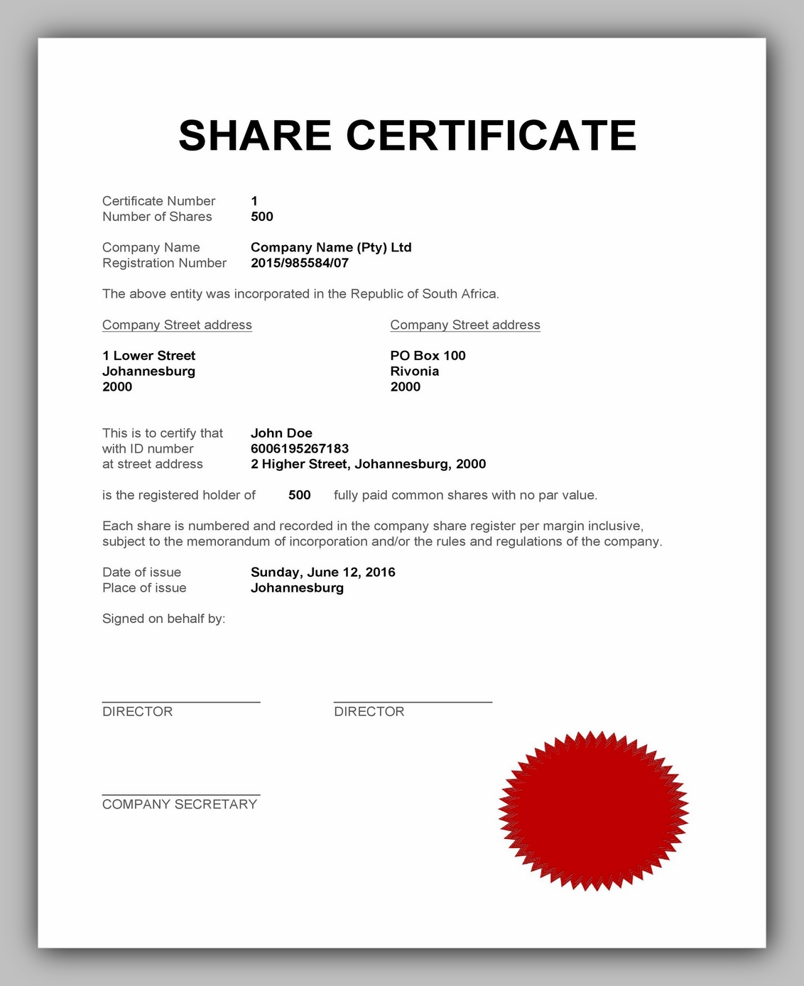 Shareholders Stock Certificate Template Shareholders Stock Certificate Template