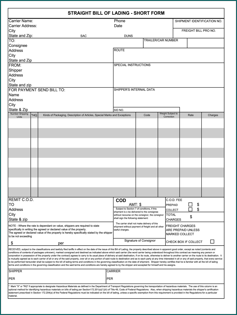 Short Form Bill Of Lading Example