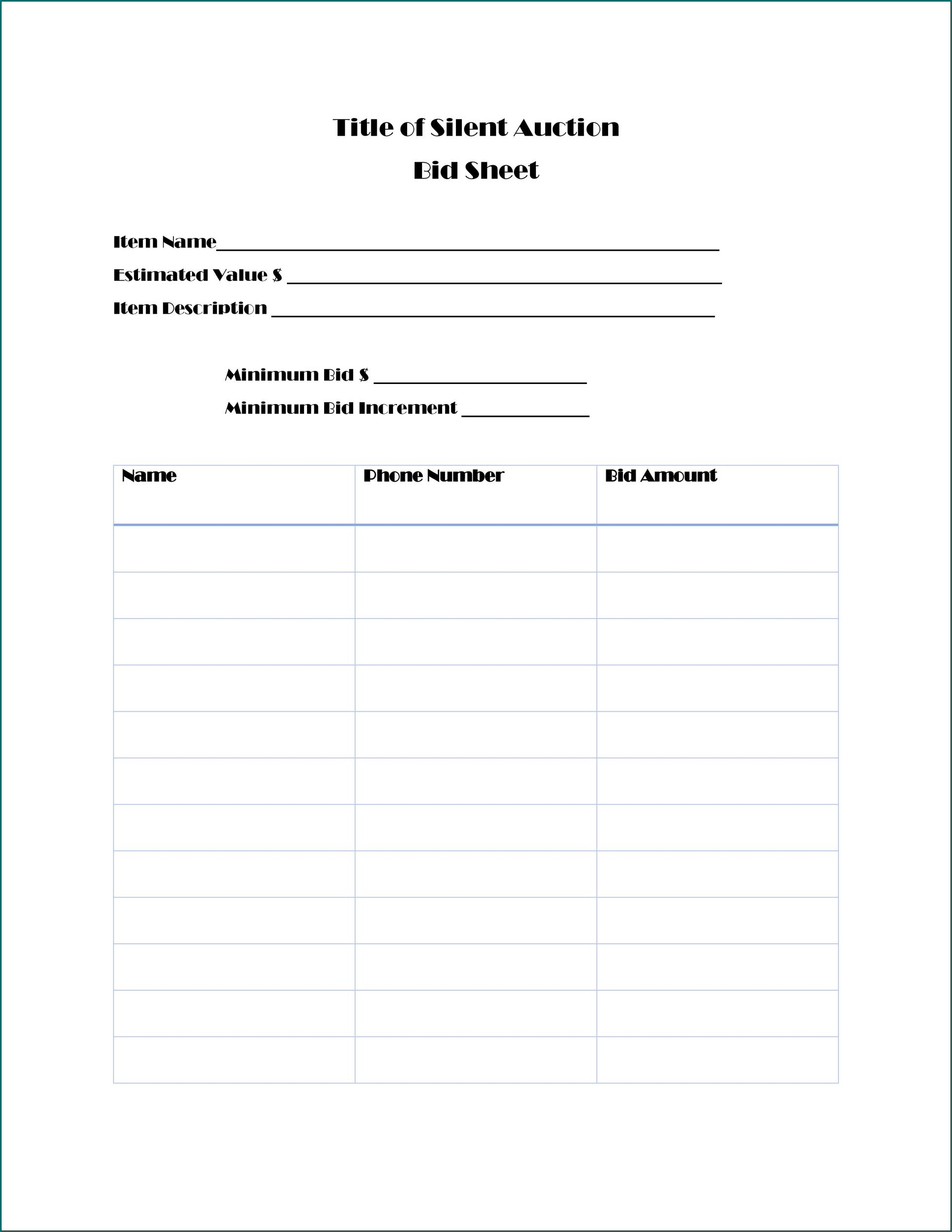 Silent Auction Bid Sheet Template Sample