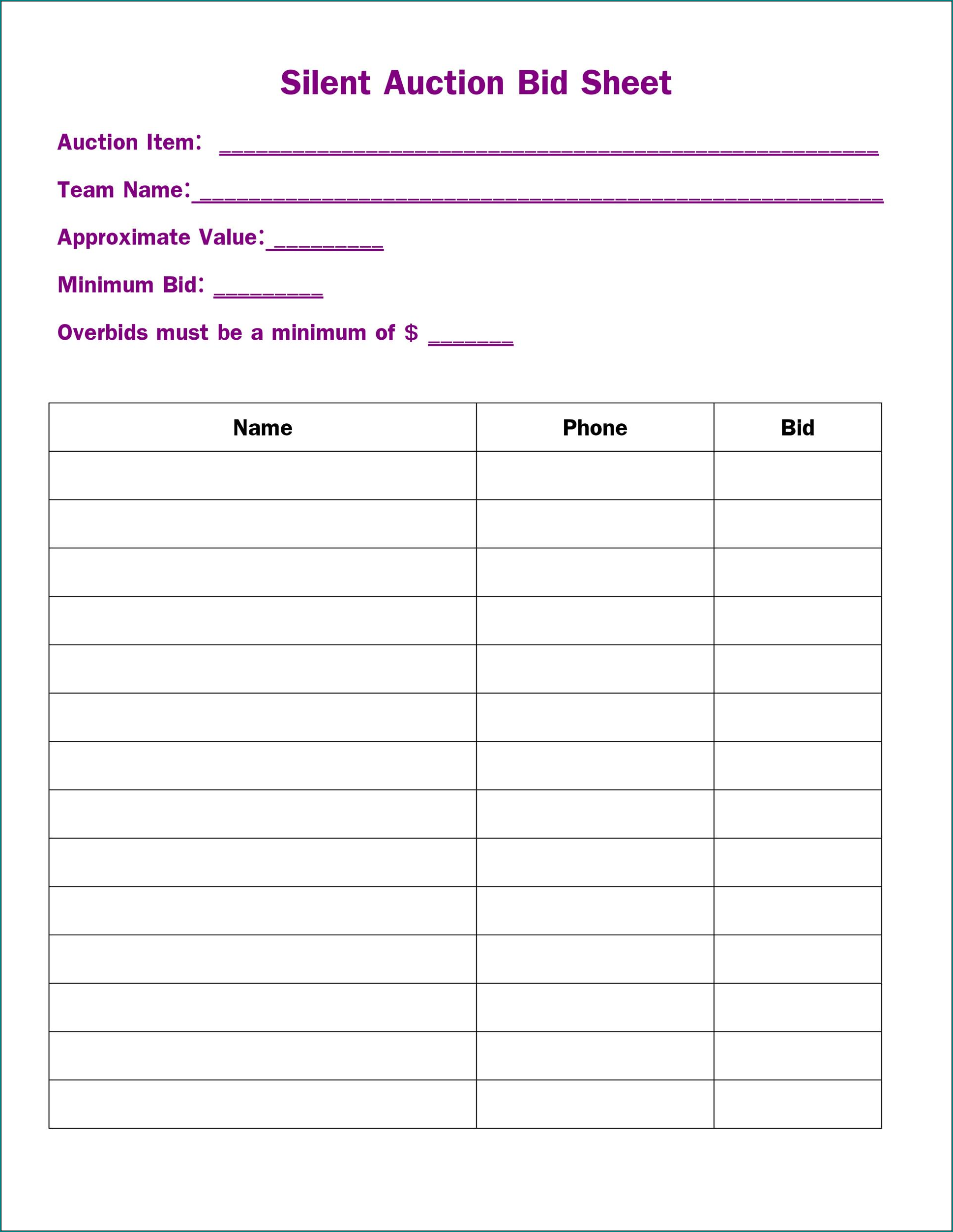 Silent Auction Template Sample