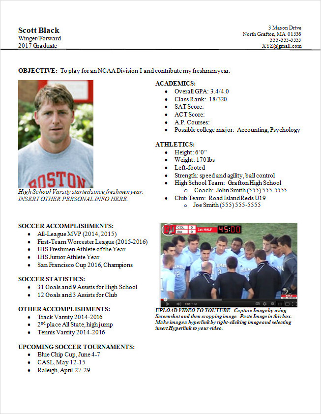 Soccer Player Profile Form Soccer Player Profile Form